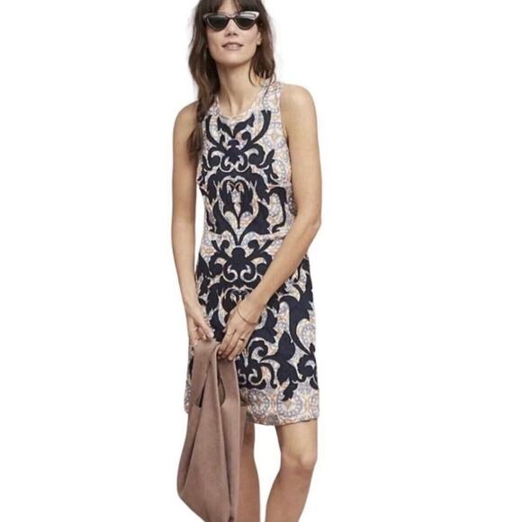 Anthropologie Sz 8 Linen Blend Baroque Print Shift Dress Boho Cottagecore Chic - Picture 2 of 12
